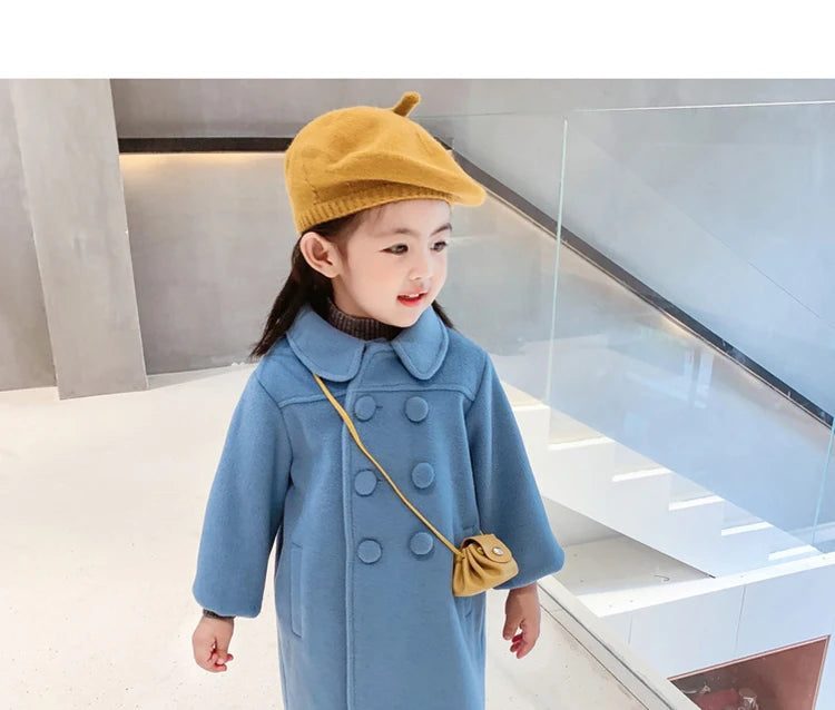 1-7 Years Girls Wool Coats New Fashion Korean Version Long Kids Jacket Spring Autumn Double Breasted Children Outerwear Clothing