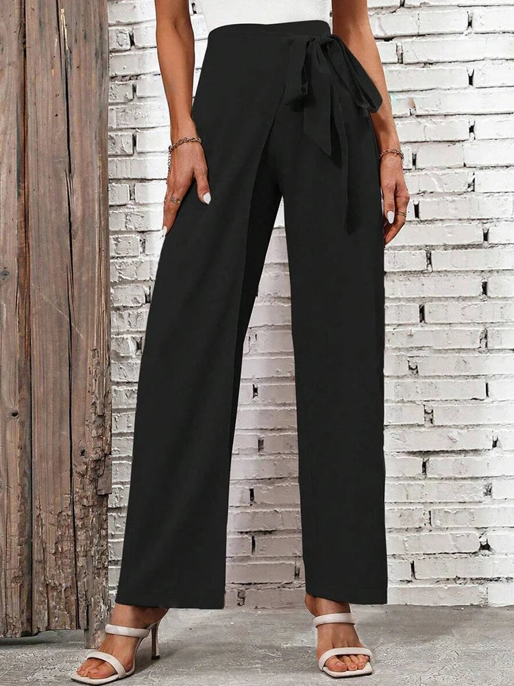 Women's Spring Autumn New Fashion Elegant Solid Color Pocket Elastic Bow Casual High Waist Loose Wide Leg Straight  Long Pants