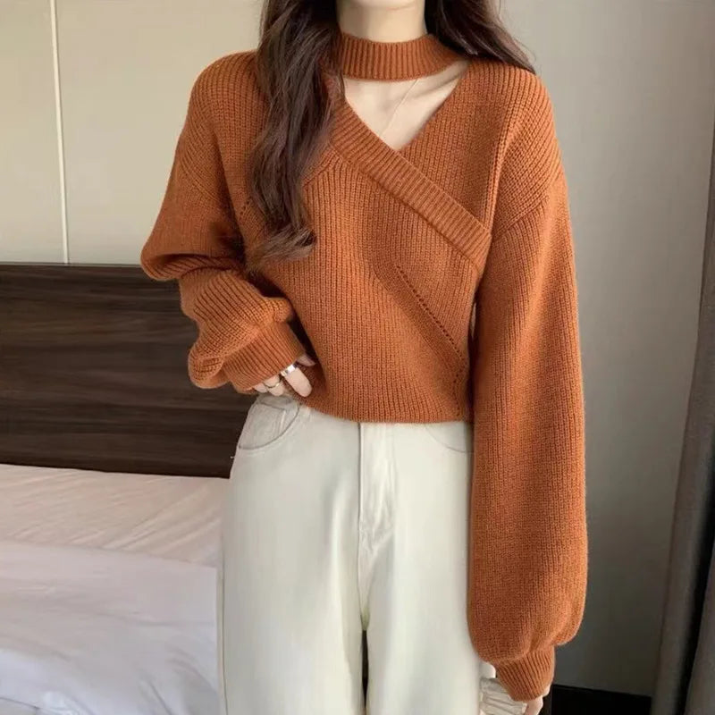 Women's Neck Hanging Solid Sweater Warm Pullover Sweater V-neck Cross Neck Off Shoulder Knitwear Tops