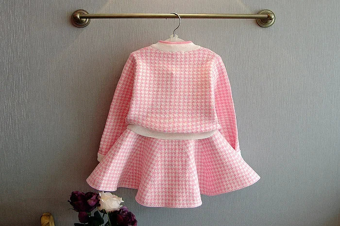 2024 Autumn Little Girl Pink Plaid Sweater Sets Winter Kids Korean Style Casual Cardigan Sweater Baby Girl Toddler Clothing