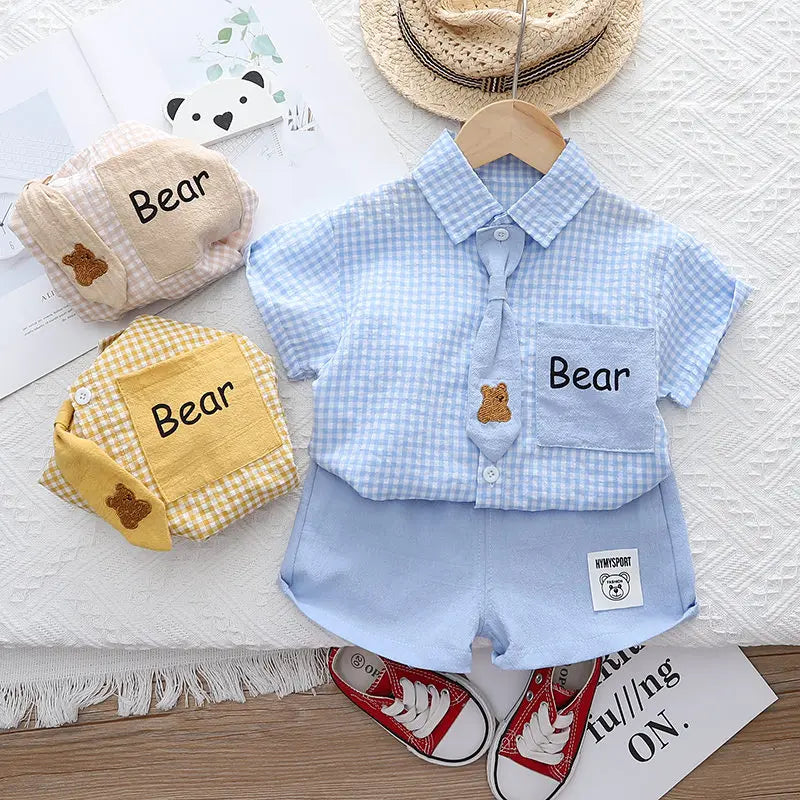 Summer Casual Baby Boy Toddler Causal ClothesPlaid Shirt Tops Pants 2Pcs/Set With Tie Cotton Kids Outfits Clothing Suit