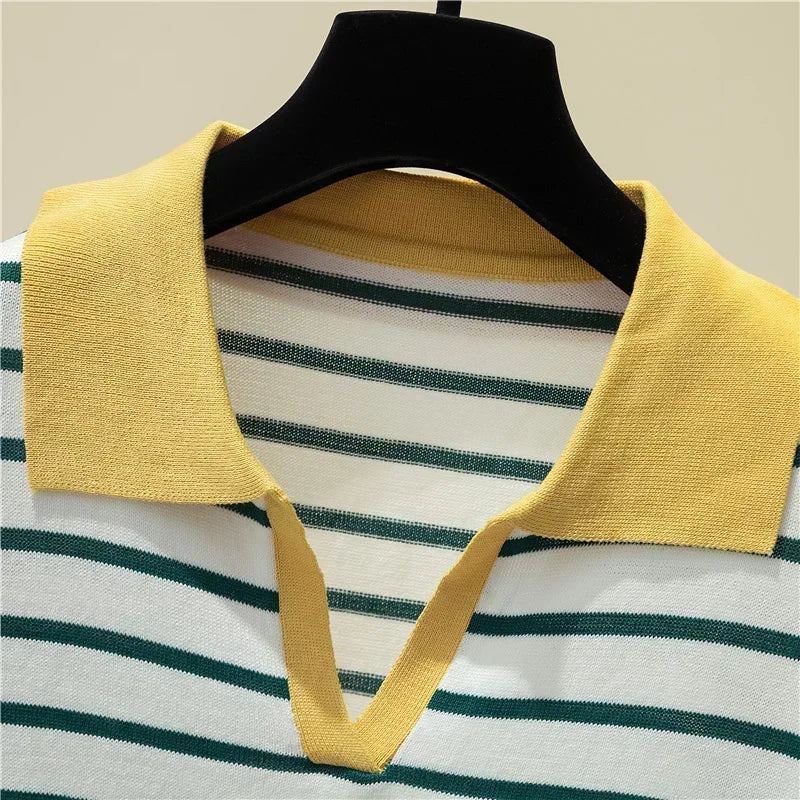 Women's Striped V-neck Pullover Polo Sweater Early Autumn All-match Tops Long-sleeved Knitted Bottoming Sweaters Jumpers New