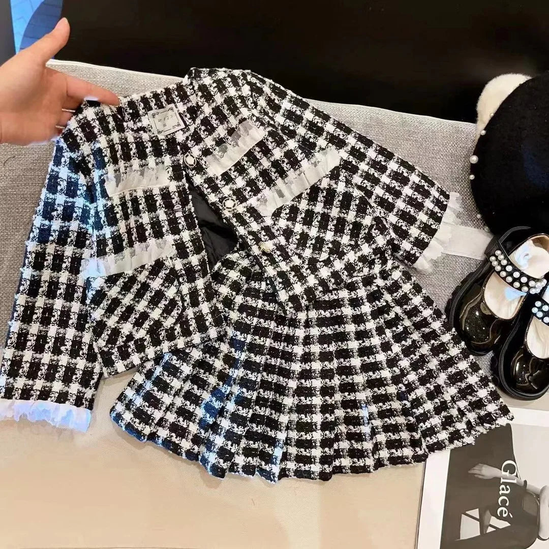 New Girls Set 2024 Autumn Baby Checkered Top Coat Short Skirt Sweet and Gentle Two Piece Set