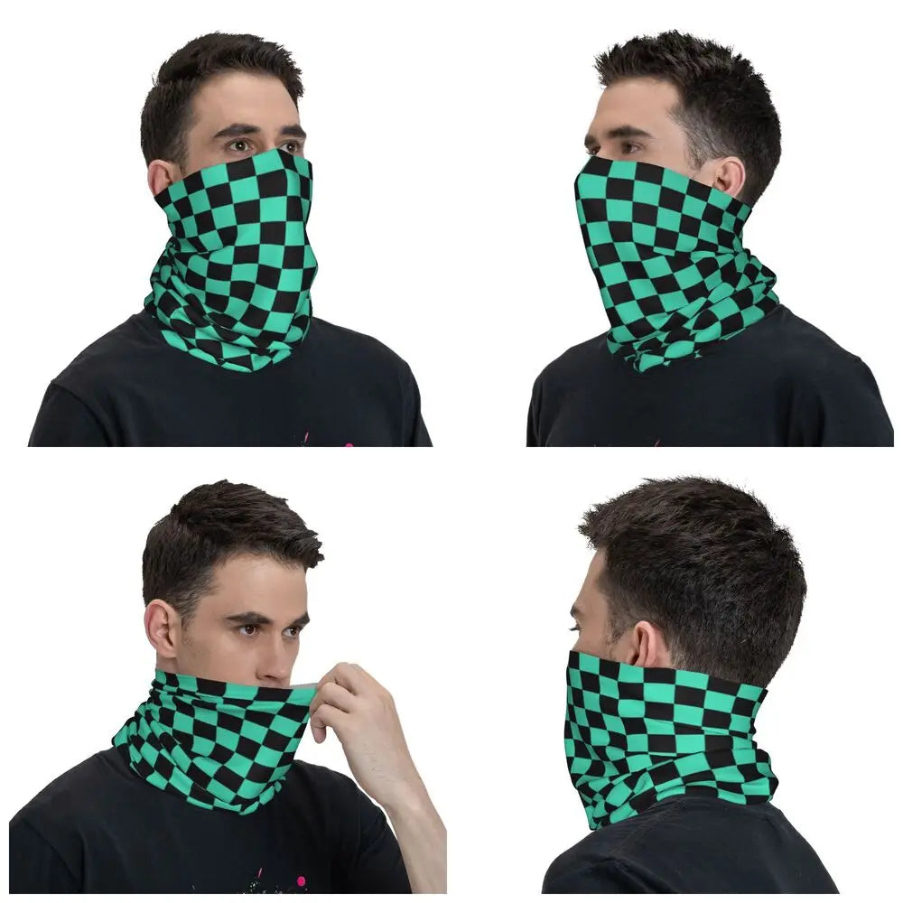 Colorful Geometric Checkered Black And Sky Blue Bandana Neck Cover Printed Racing Moto Motorcycle Wrap Scarf Warm Cycling Scarf