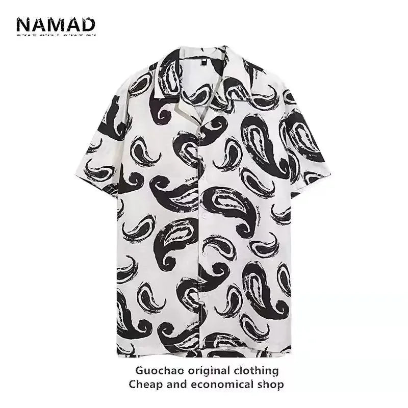 Hip Hop Black White Print Summer Button Up Shirt Women Men Short Sleeve Shirt Hong Kong Style Ins 2024 Hawaiian Beach Shirts