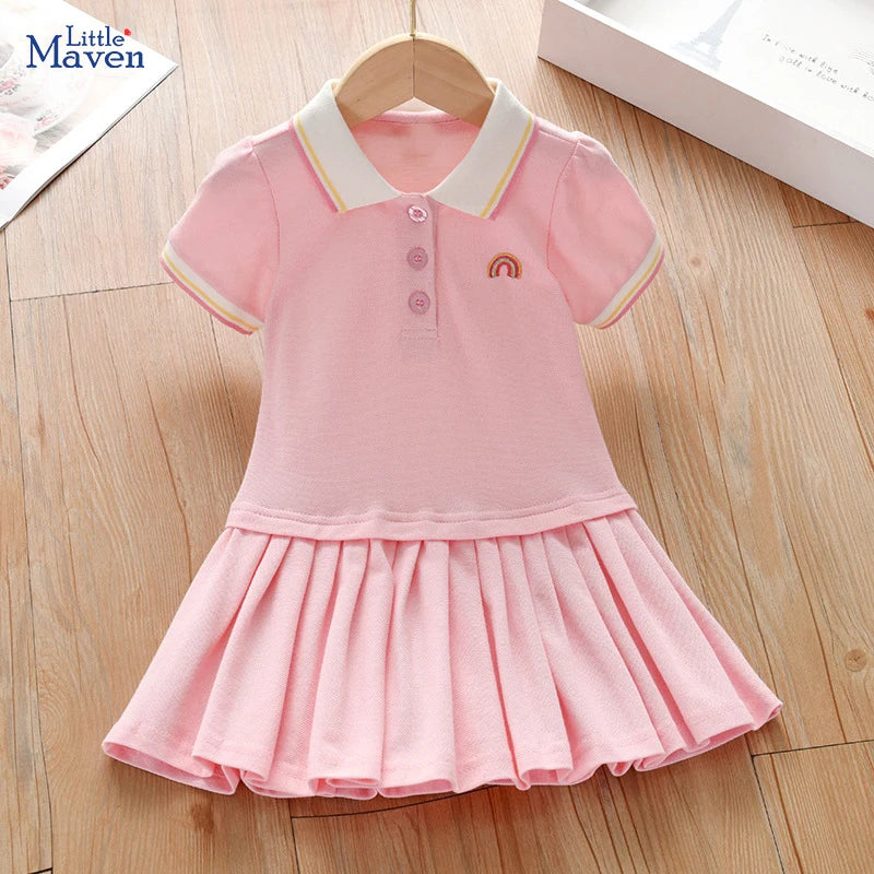 Little maven Party Dress Children's Clothing 2024 Baby Girls Pink Dresses Rainbow Polo Summer Holiday Dresses Kids Clothes