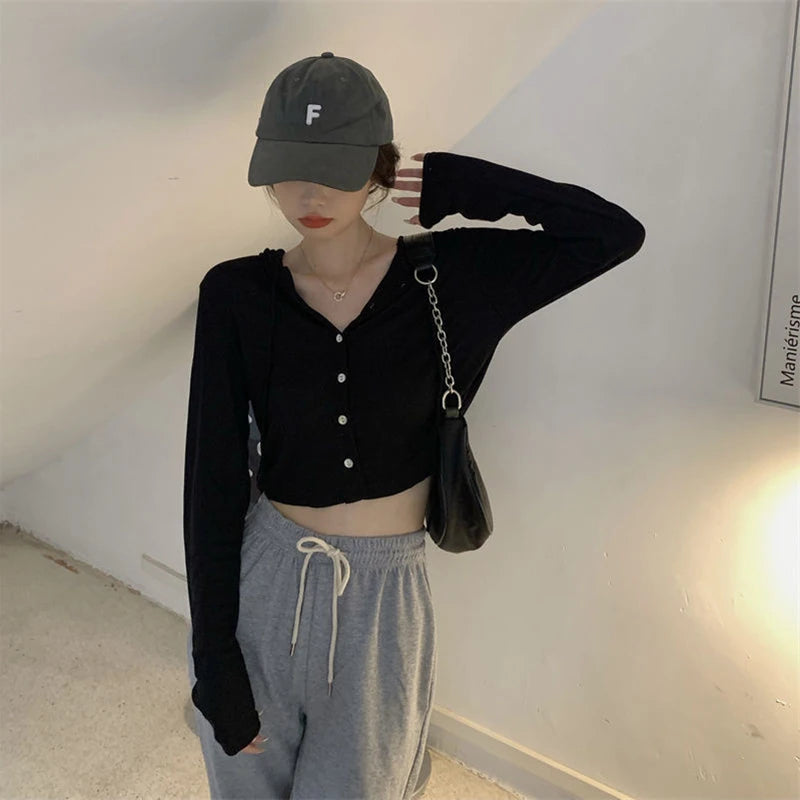 Fall Women Knitted Hooded Cardigan Korean Loose Streetwear Single Breasted Crop Tops Woman Solid Long Sleeve Knitwear