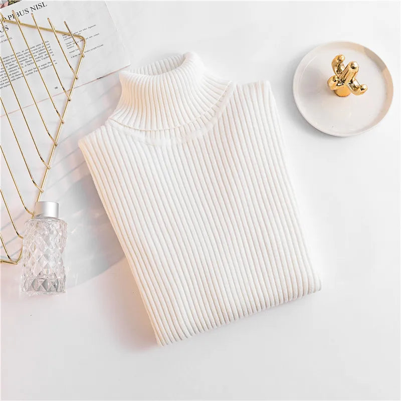 2024 Autumn Winter Women Knit Solid Turtleneck Pull Sweater Casual Rib Jumper Tops Female Home Pullover Y2K Clothing