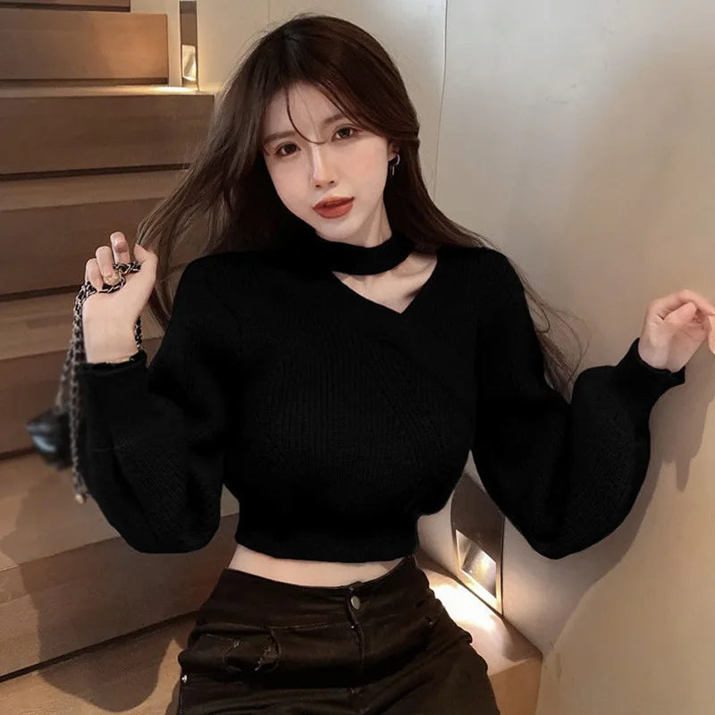 Women's Neck Hanging Solid Sweater Warm Pullover Sweater V-neck Cross Neck Off Shoulder Knitwear Tops