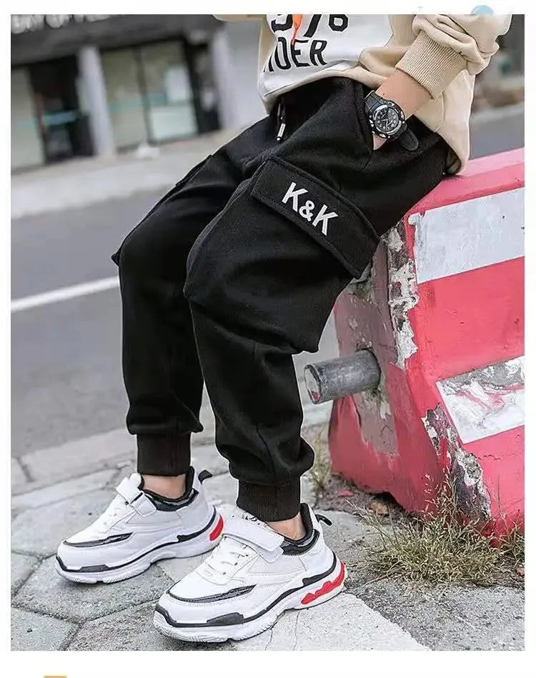 2024 Autumn Boys Pants Letter Print Cotton Sweatpants Casual Korean Cargo Pants Fashion Teenage Kids Sport Multi-pocket Pants