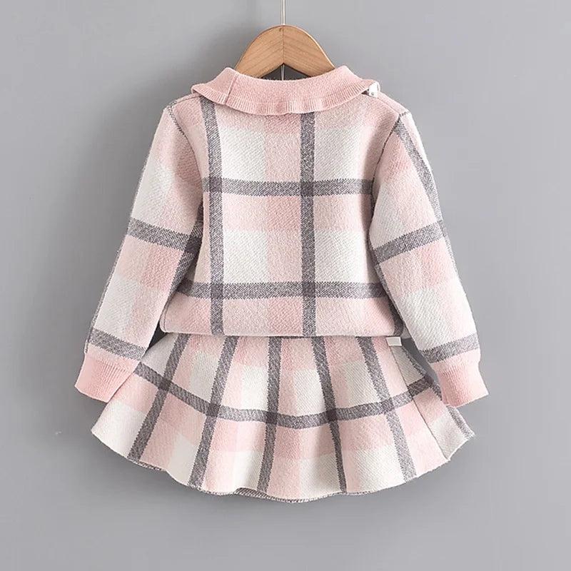 Bear Leader Winter Princess Outfits Girls Plaid Cute Clothing Sets Fashion Kids Baby Knitted Sweaters with Bow Ruffles Skirt