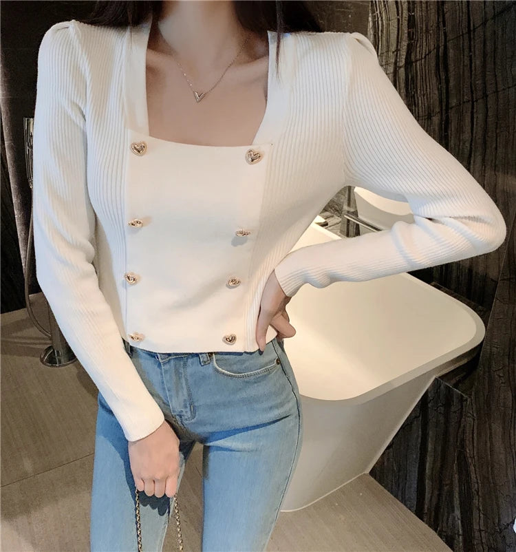 Short Square Collar Crop Top Knitted Sweater Women Korean Clothes Love Button Long Sleeve Sweaters 2022 Autumn Winter Pullover