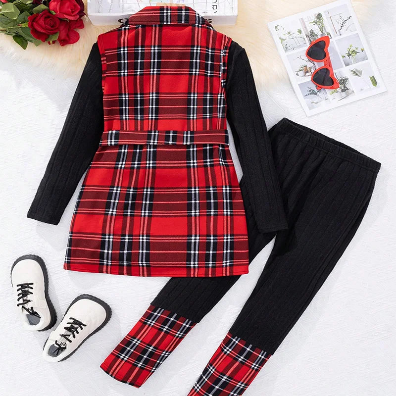 Three Piece Set For Winter Girls Cute And Warm Christmas Plaid Printed Jacket Long Sleeved Pants Princess Birthday Party Dress