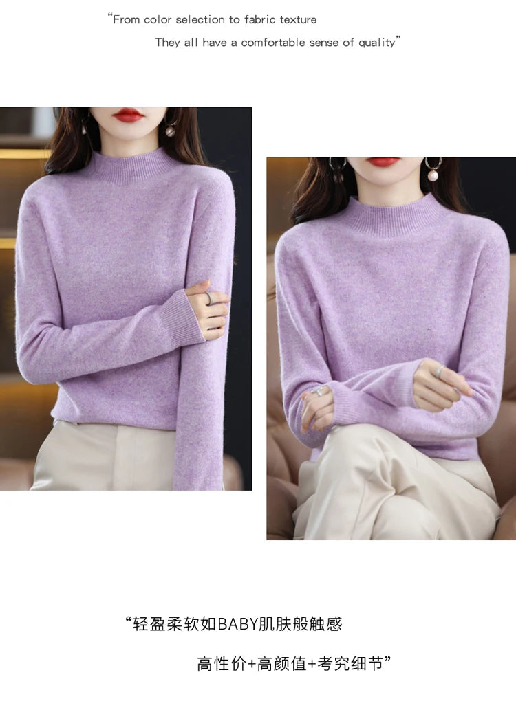 100% merino wool cashmere sweater women's sweater semi-high-necked long-sleeved pullover warm pullover in autumn and winter