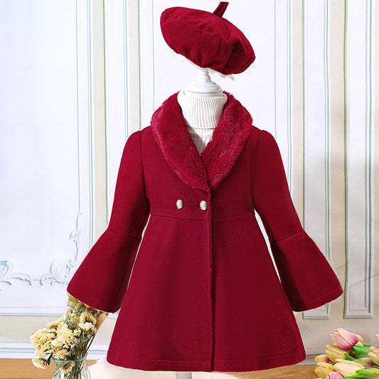 New children's clothing for small and medium-sized girls winter style solid color patchwork fur collar woolen warm coat jacket