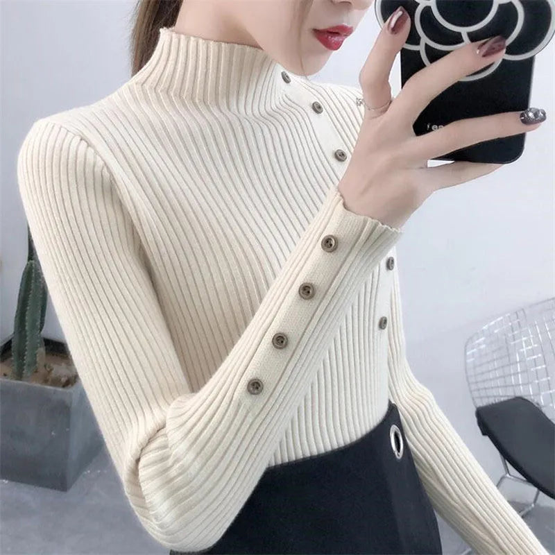 2023 Women Autumn Knitted Slim Sweaters Solid Knitted Female Cotton Soft Elastic Color Pullovers Button Full Sleeve Turtleneck