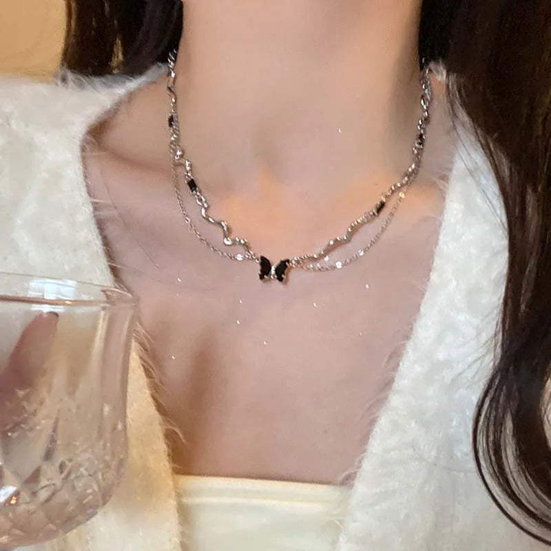 Vintage Black Zircon Butterfly Pendant Necklace for Women Punk Goth Double Layer Wave Irregular Chain Necklace Jewelry Gift