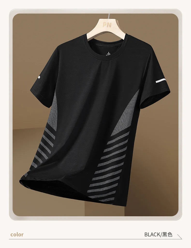 Running T-shirt Men Summer Ice Silk Thin Mesh Tops Reflective Print Quick Dry Short Sleeve Casual Elastic Fitness Sports Shirts