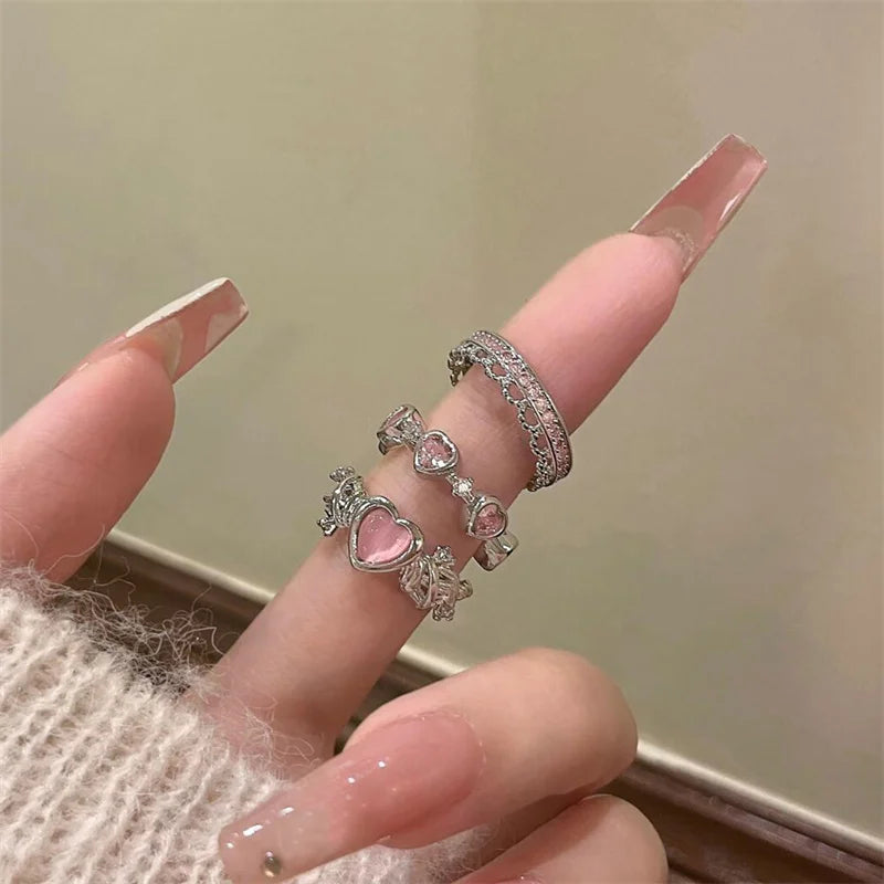 3pcs Fashion Love Heart Zircon Open Rings Set for Women Gothic Sweet Girls Geometric Finger Rings Y2K Party Jewelry Accessories