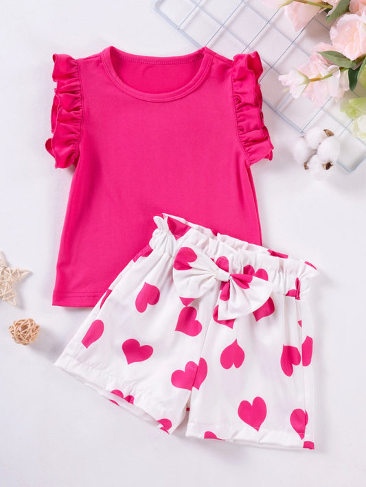 Summer Toddler Girl's Set Solid Color Top + Printed Heart Shorts Two Piece Girls Sweet Casual Set Kids Clothes Girls