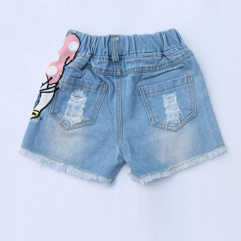 Summer Girls Fashion Sets Sequins Embroidery Broken Hole Pearl Denim Shorts Sleeve Donald Duck Little Kids Clothes Outfits