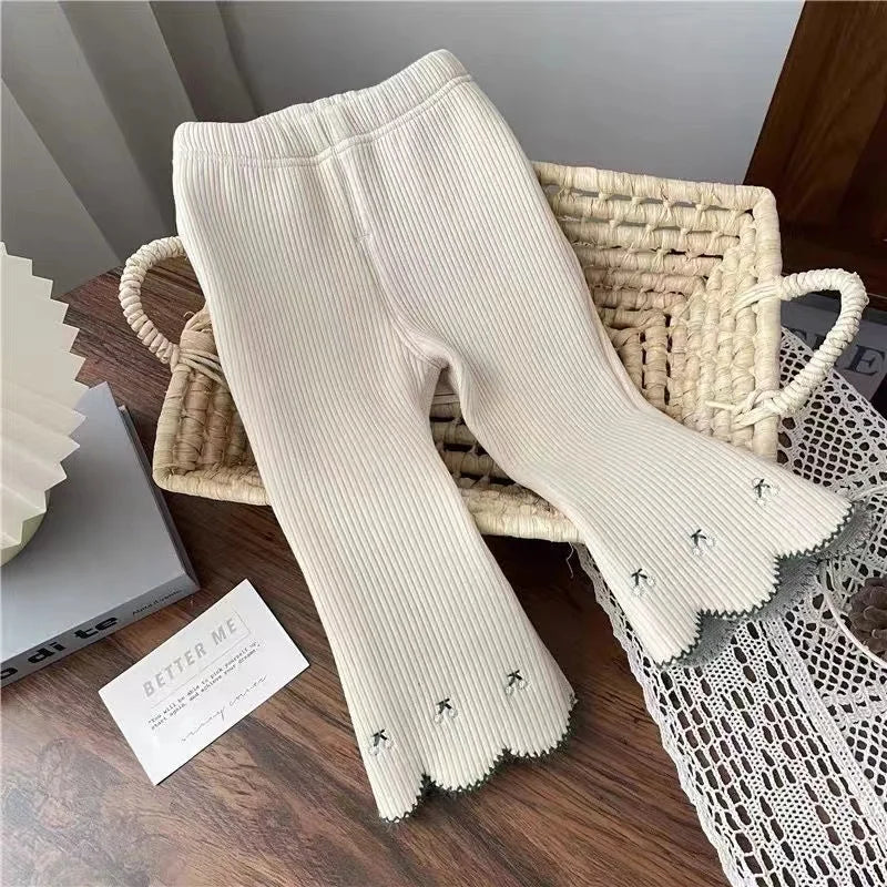 Girls One Piece Velvet Flare Pants Autumn and Winter Children's Korean Edition Foreigner Versatile Pants Baby plush warm pants