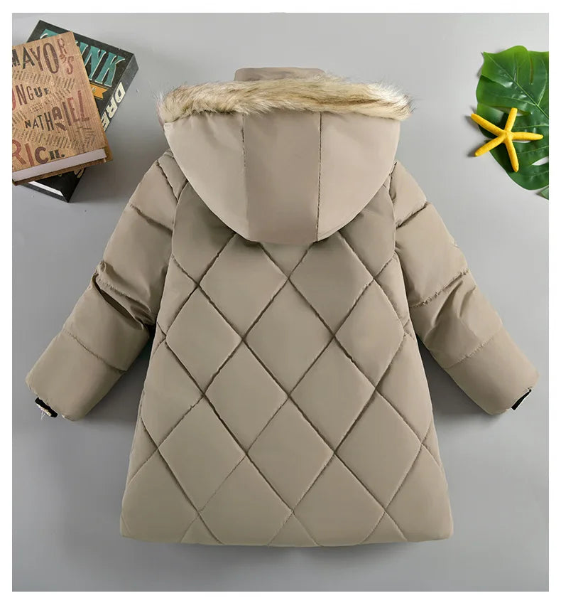 2024 Winter New Boys Jacket Solid Color Lining Plush Keep Warm Fur Collar Hooded Zipper Outerwear For 4-10Y Teen Kids Snowsuit