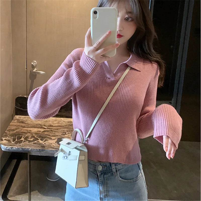 AOSSVIAO 2024 Women's Autumn Winter Pullover Solid Base All Match Sweater Lapel Polo Neck Knitted Bottoming Top