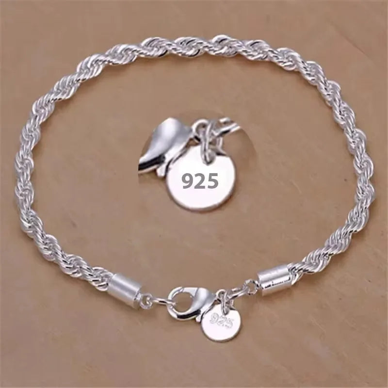 925 Sterling Silver 4MM Twisted Rope Bracelets For Women Men Fashion Minimalist Couple Chain Bracelet Male Unisex Jewelry Gifts