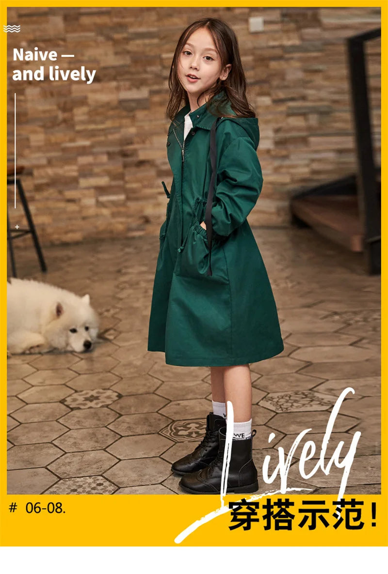 Baby Girl Windbreaker Outerwear Kids Spring Autumn Clothes Long Trench Coat Children Hooded Fashion  Jacket Teens Outer Clothing