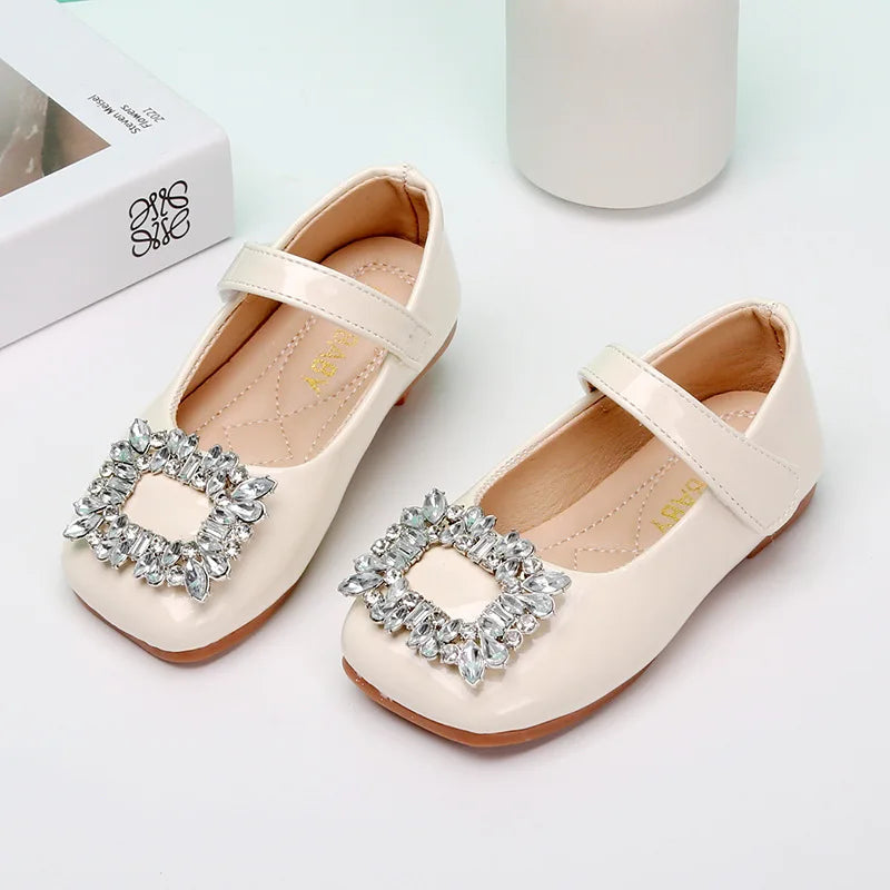 Spring Autumn  Kids Shoes for Girl Leather Shoes Fashion Rhinestone Flat Heels Infant Girls Party Shoes Red Black