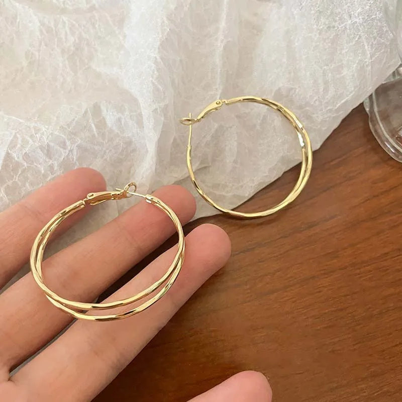 2024 New Trendy Silver Color Double Layer Circle Hoop Earrings For Women Exaggerated Metal Layer Round Earrings Jewelry Gift