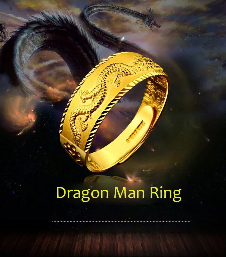 24k Gold Ring for Man Luxury Engraving Dragon Adjustable Ring Fashion Jewelry Male Two Color Yellow/White Gold Finger Ring Gift