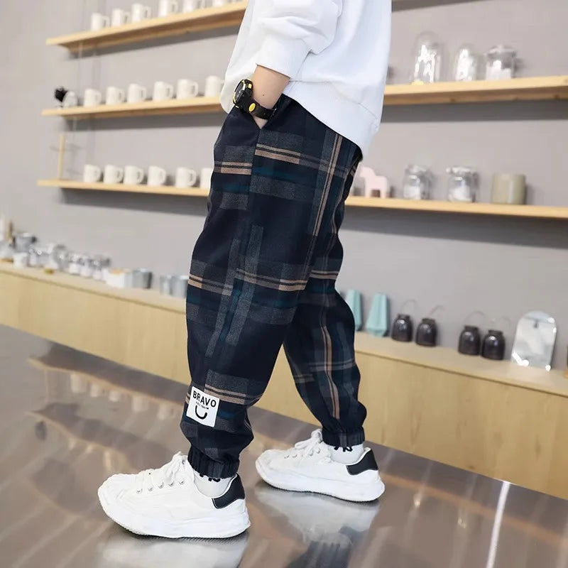 2024 Fashion Boys Cotton Plaid Pants Spring Autumn Toddler Casual Kids Loose Trousers Sweatpants for Teenage Children Clothes