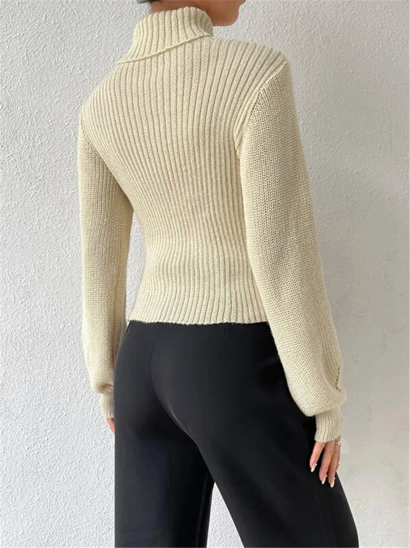 Chest Hollowed-out Sexy Sweater Design Sexy Loose Matching Sweater Fall Winter Turtleneck Hollowed-out Sweater Women Wear Top