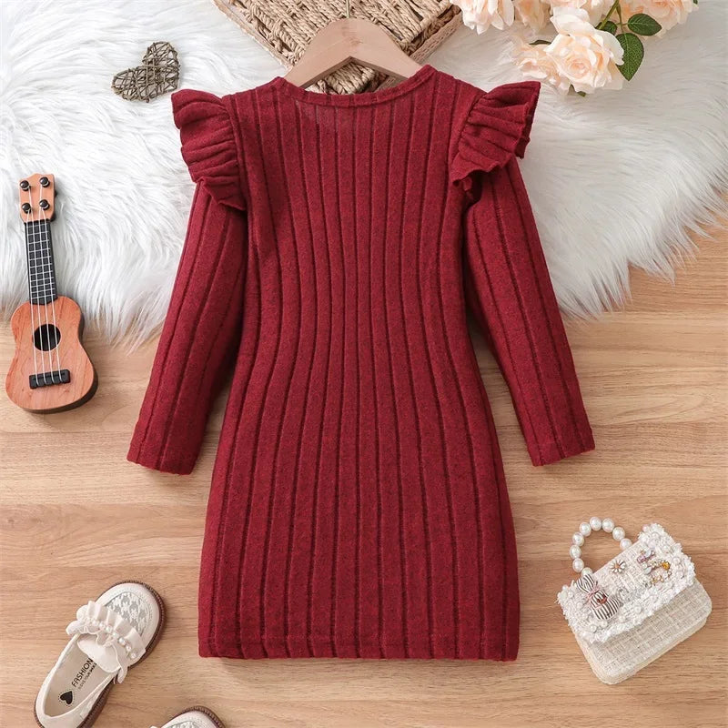 3-8Y Kids Girls Knit Dress Solid Color Bowknot Round Neck Long Sleeve Casual Dress Fall Winter Kids Princess Warm Dresses