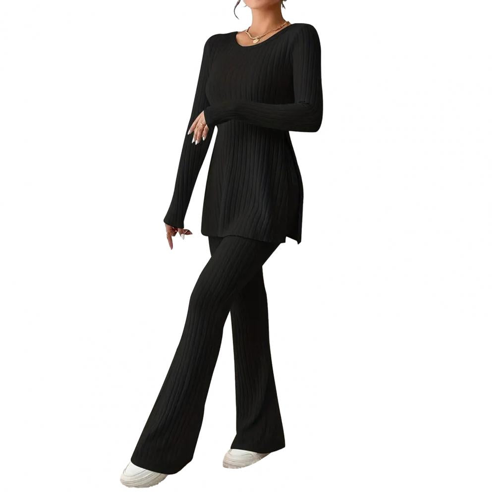 2023 Fall Winter Knitted 2 Piece Suits Women Long Sleeve Ribbed Slit Long Top and High Waist Pencil Pants Set Fashion Outfit