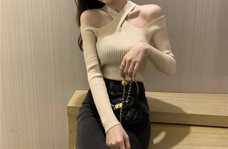 Women Off Shoulder Jumpers Knit Long Sleeve Warm Pullovers Cross Neck Halter Sweater Women Casual Sweater Autumn Winter 2023