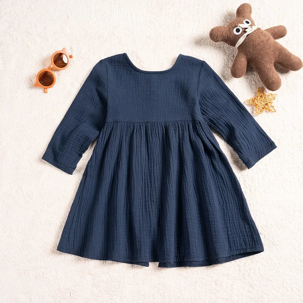 Autumn Cotton Dresses Baby Girl Long-sleeved Casual Dress Solid Color Fashion Simple Girl Sweet Children's Clothing