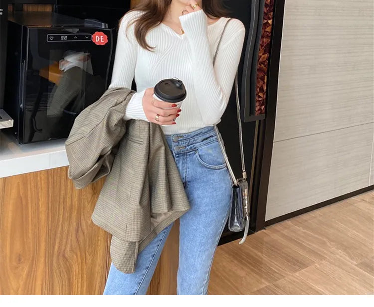 ITOOLIN Women Slim V-Neck Bottoming Sweater Autumn Winter For Women Casual Pullovers Long Sleeve Knit Warm Office Sweater 2024