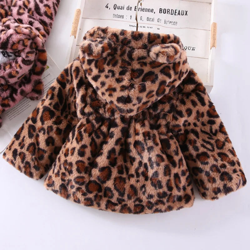 Autumn Winter Plush Baby Girls Jacket Fashion Leopard Print Warm Faux Fur Coat For Girls Hooded Outerwear 2-8 Years Kids Clothes