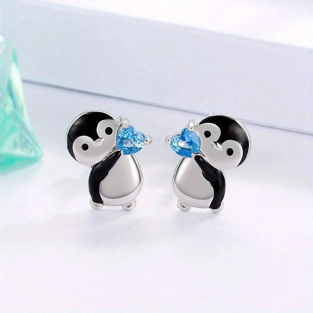 Cute Little Penguin Blue Heart Stud Earrings, Cool Party Jewelry, Valentine's Day Gift for Women Mom Family Friends Anniversary