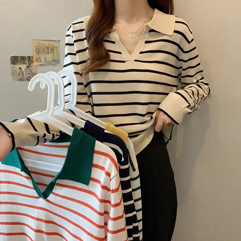 Women's Striped V-neck Pullover Polo Sweater Early Autumn All-match Tops Long-sleeved Knitted Bottoming Sweaters Jumpers New