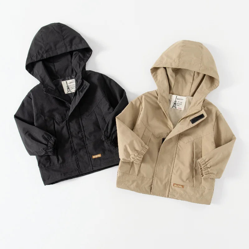 Autumn Little Boy Windbreaker Jacket Solid Long Sleeve Zipper Toddler Boy Hoodie Drawstring Hem Casual Infant Boy Outerwear Coat