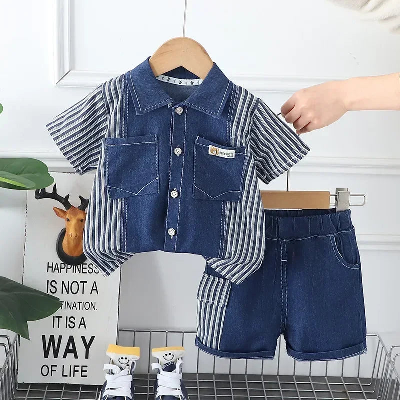 New Children Fashion Boys Denim Clothing Sets Casual Striped Shirts Shorts 2pcs Kids Outdoor Suit Toddler Suit 0-5 Years