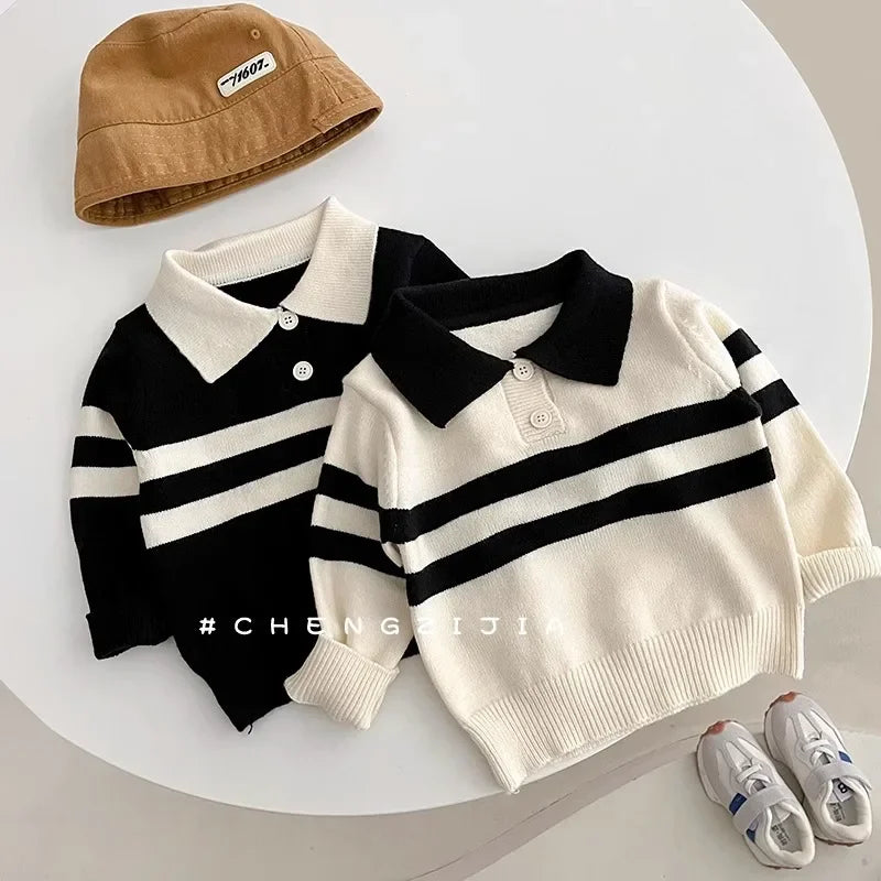 2023 New Korean Style Spring Autumn Children's Sweater Boys Girls Two-piece Button Striped Lapel Knitted Top Casual Fit Stylish