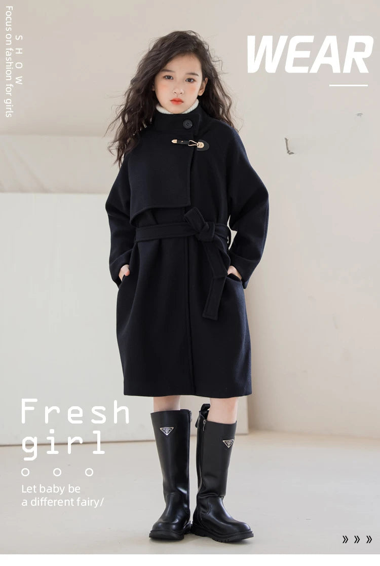 Winter Girls Wool Coat Long Double-faced Tweed Overcoat for Kids Fashion Casual Grey 10 12 14 Years Teenage Children Outerwear