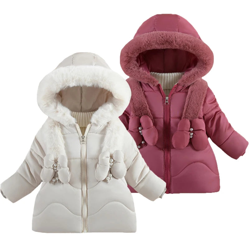 1 2 3 4 Years Baby Girls Jacket Winter New Solid Color Butterfly Decoration Lining Plush Warm Hooded Zipper Down Cotton Outwear