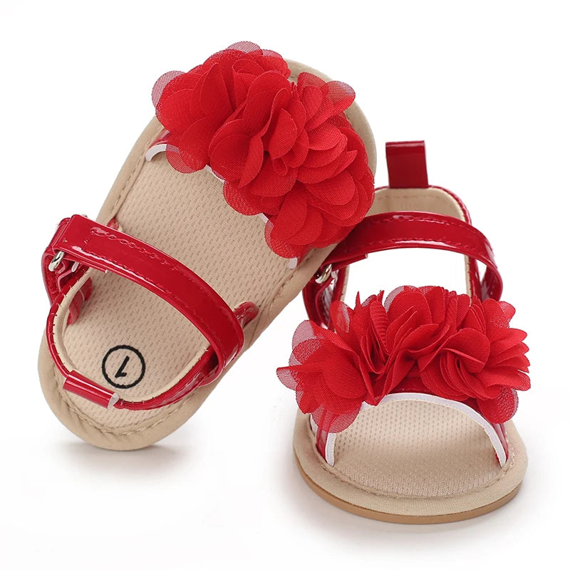 Summer baby girl sandals red festive and cute flower baby shoes soft rubber soles comfortable and casual baby walking shoes