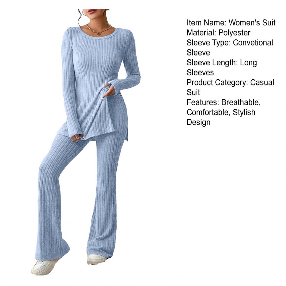 2023 Fall Winter Knitted 2 Piece Suits Women Long Sleeve Ribbed Slit Long Top and High Waist Pencil Pants Set Fashion Outfit